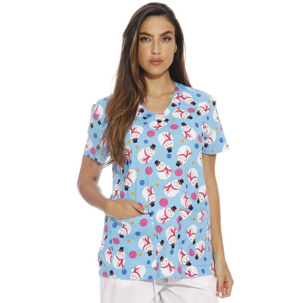 Women's Fashion Medical Nursing Printed Scrub Tops Gray Base Snowman L Women's Fashion Medical Nursing Printed Scrub Tops Gray Base Snowman L